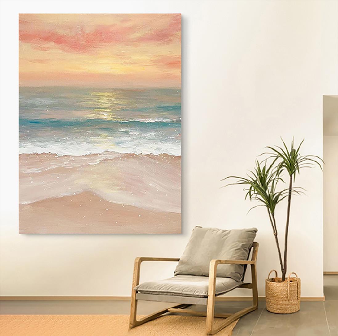 波の夕日 17 ビーチアート壁装飾海岸油絵